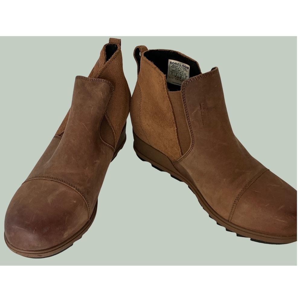 Sorel Joan of Arctic Wedge II Chelsea Boots Leather Suede Brown Womens 10